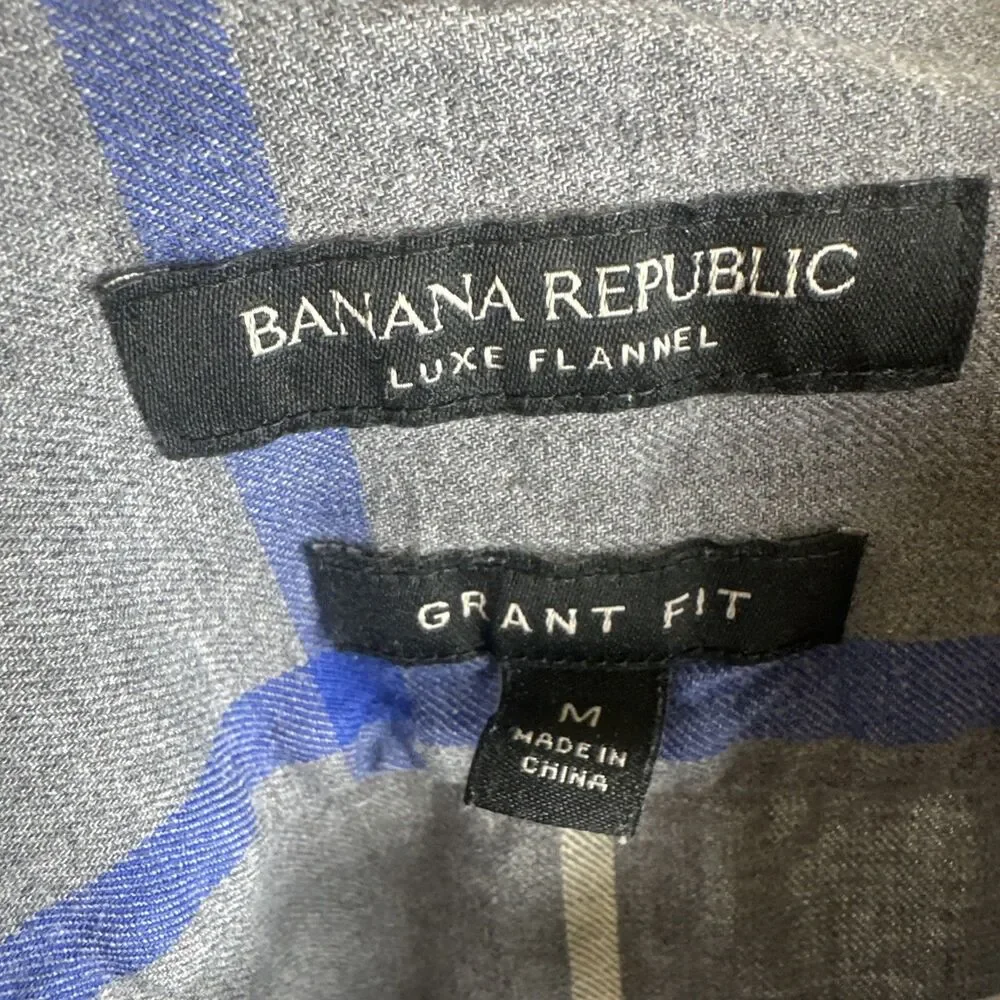 Banana Republic Men's Gray & Blue Plaid Luxe Flannel Shirt - Grant Fit (Size M) - Picture 3 of 5
